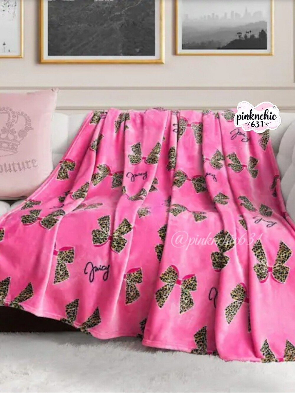 Juicy Couture Hot Pink Leopard Print Coquette Bow Plush Throw Blanket